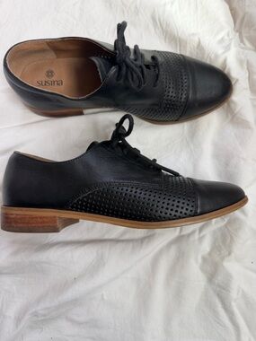 Susina Black Perforated Leather Lace-Up Derby with Tan Sole